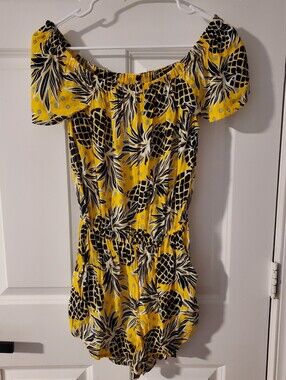 Ava Sky Yellow and Black Tropical Pineapple Print Off-Shoulder Romper